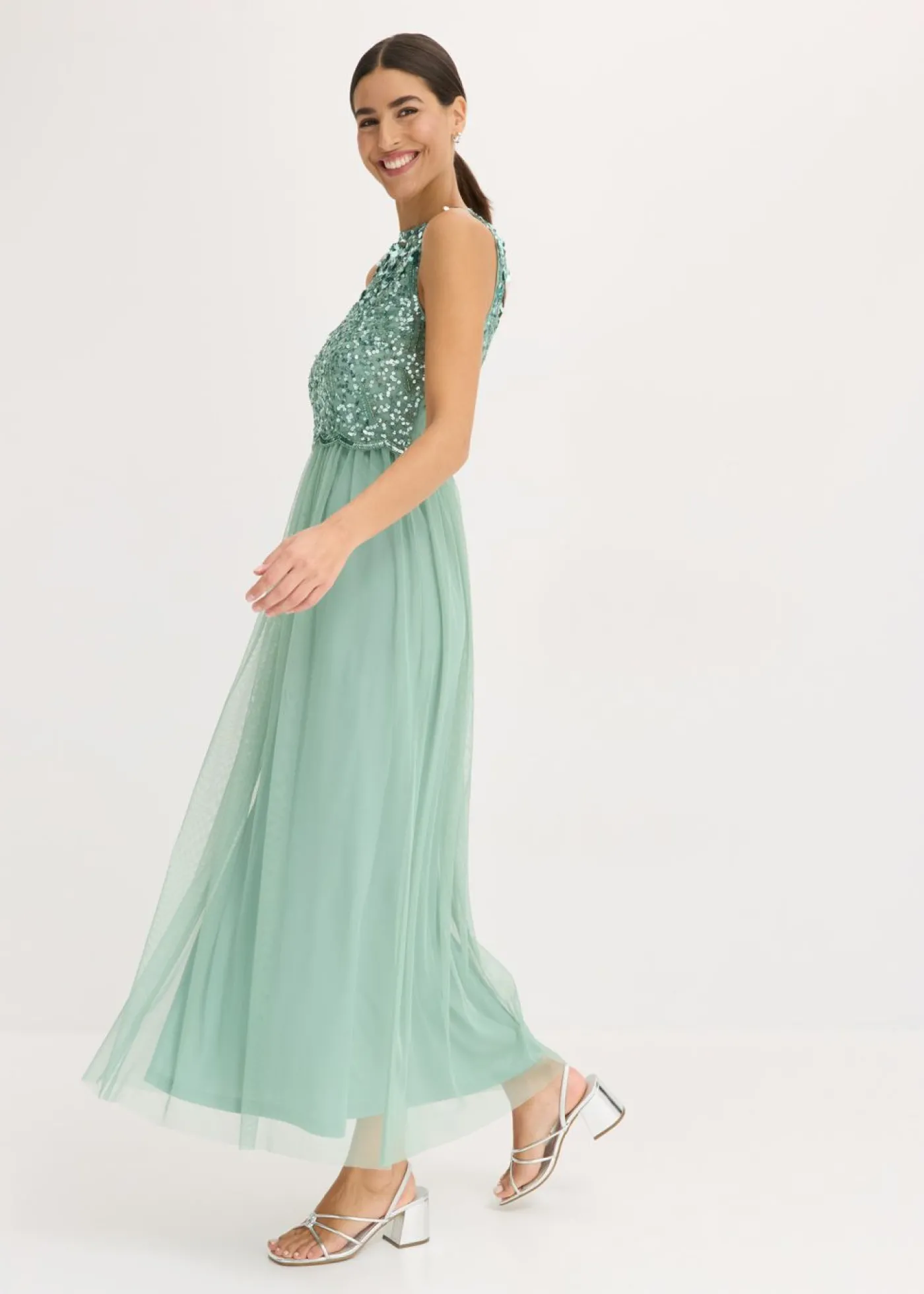 bonprix bonprix Vestido largo con bordado de lentejuelas Verde pastel Sale