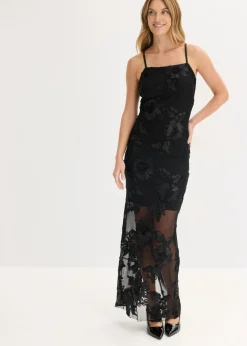 bonprix bonprix Vestido largo con bordado floral Negro Clearance