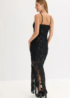 bonprix bonprix Vestido largo con bordado floral Negro Clearance