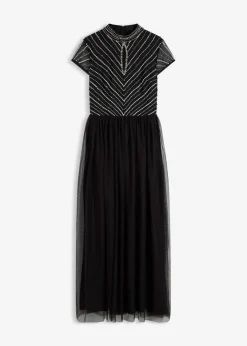bonprix bonprix Vestido largo con bordado de perlas Negro-plata Sale