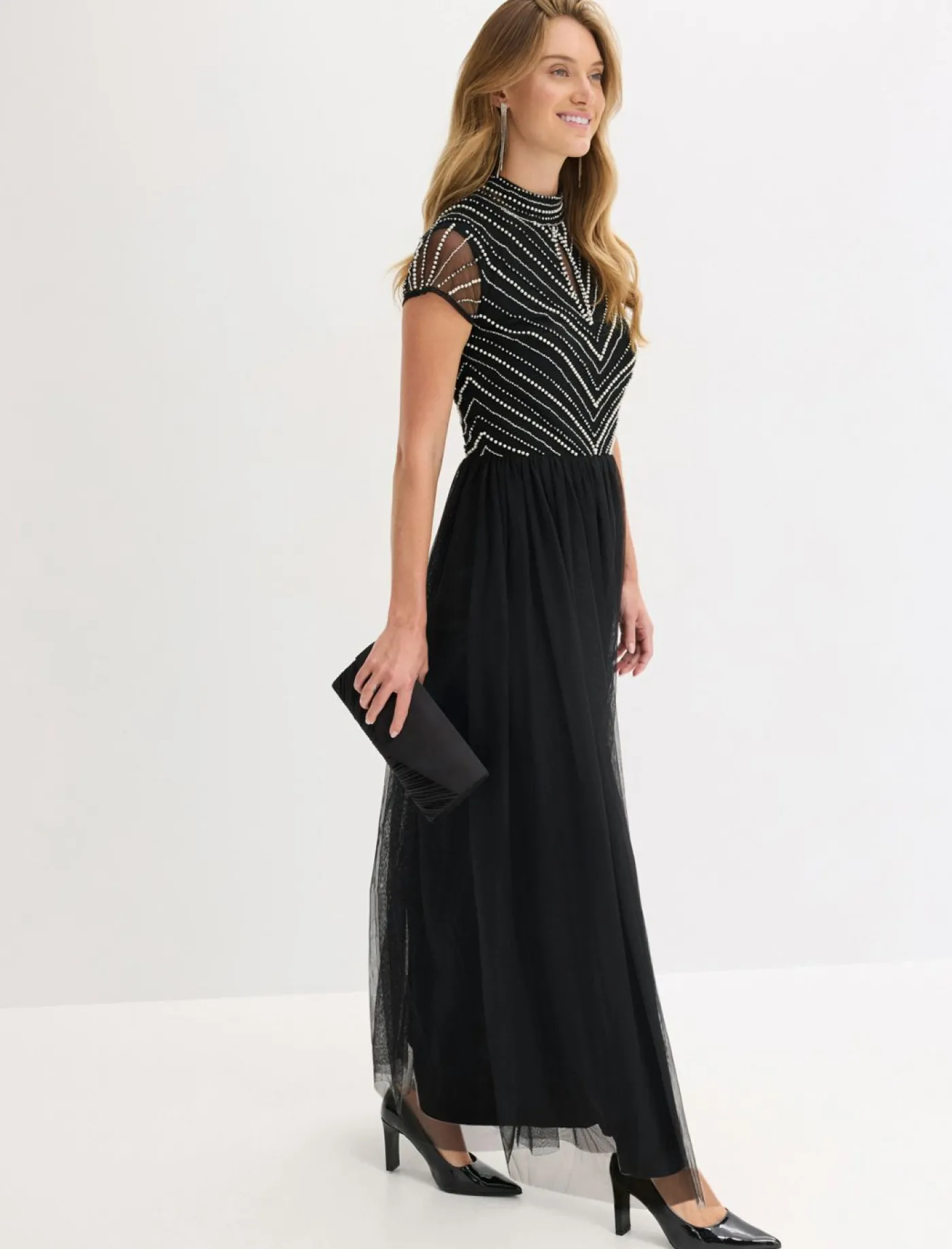 bonprix bonprix Vestido largo con bordado de perlas Negro-plata Sale