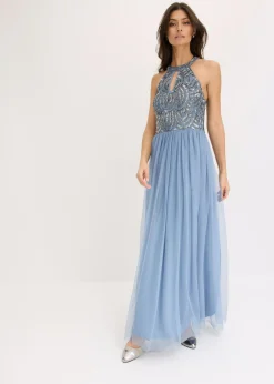 bonprix bonprix Vestido largo con bordado de lentejuelas Azul claro-plateado Online