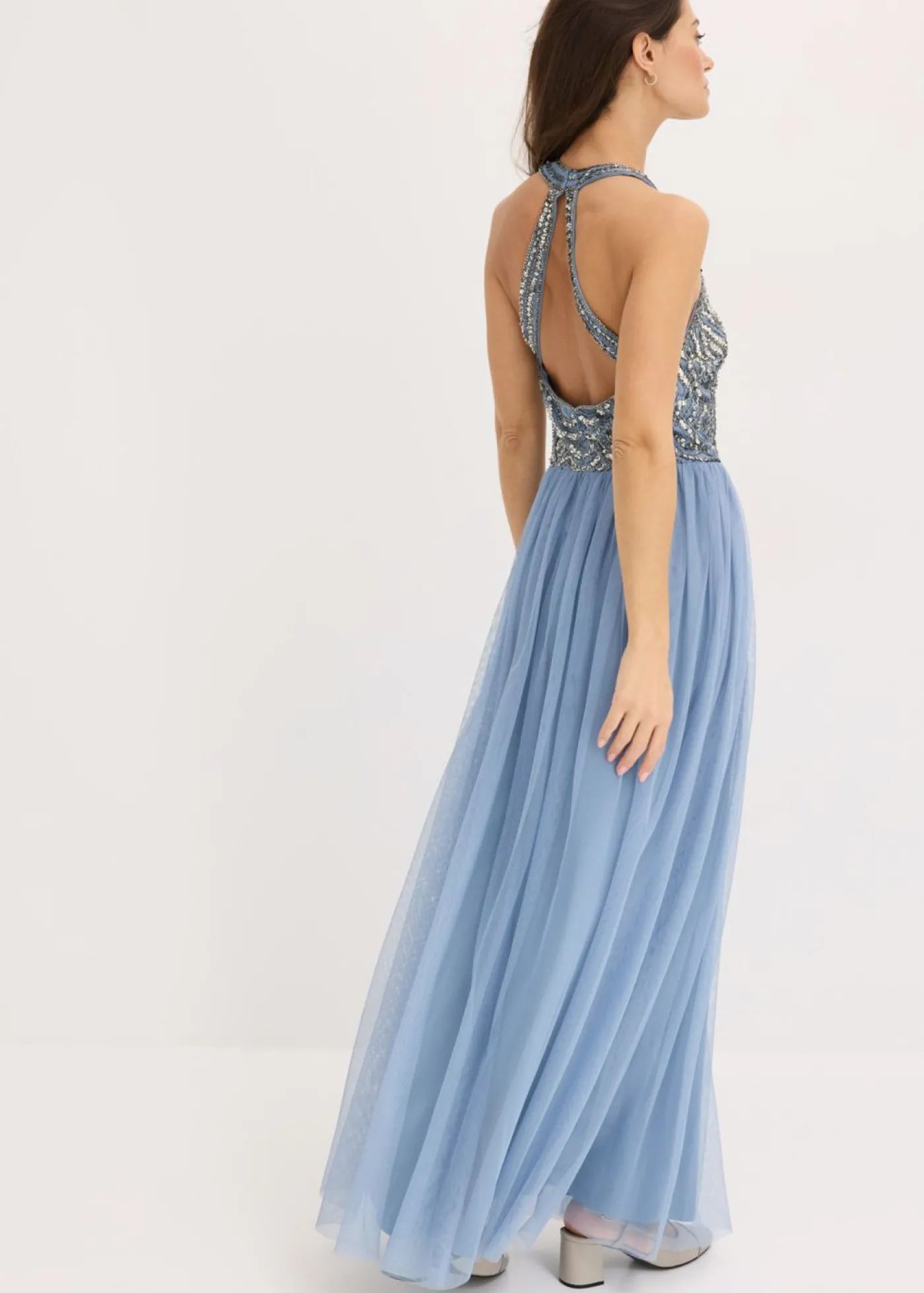 bonprix bonprix Vestido largo con bordado de lentejuelas Azul claro-plateado Online