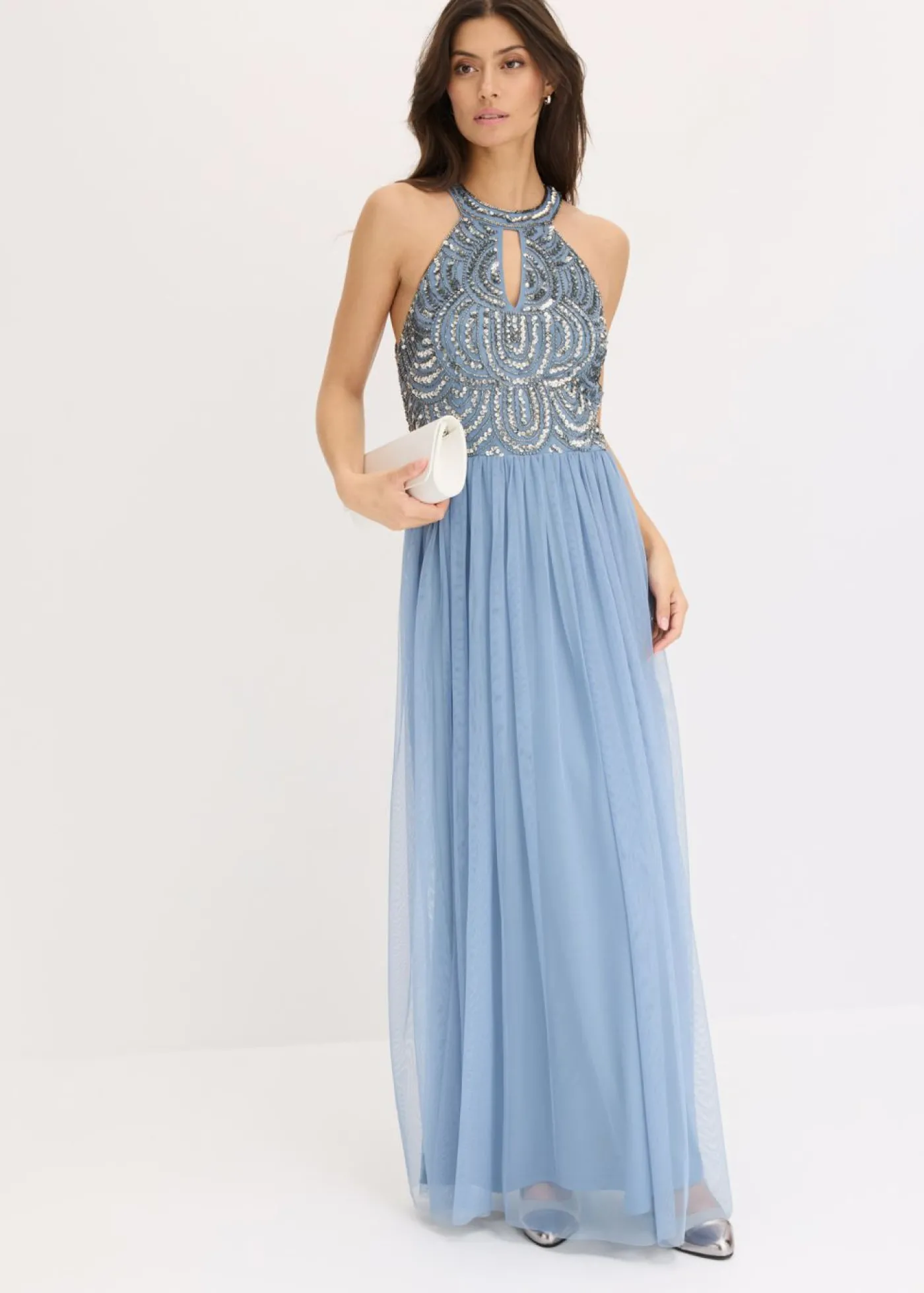 bonprix bonprix Vestido largo con bordado de lentejuelas Azul claro-plateado Online