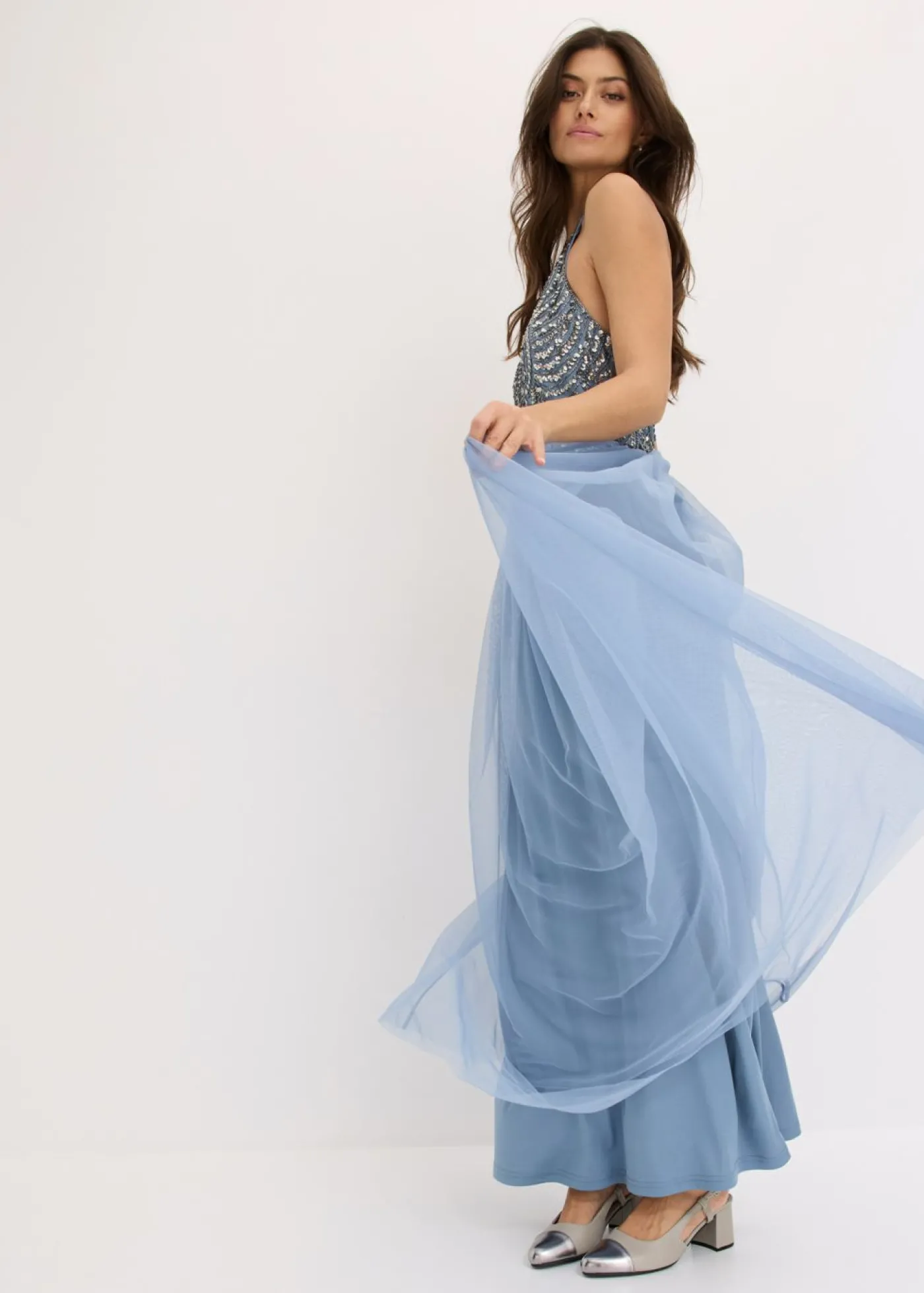 bonprix bonprix Vestido largo con bordado de lentejuelas Azul claro-plateado Online