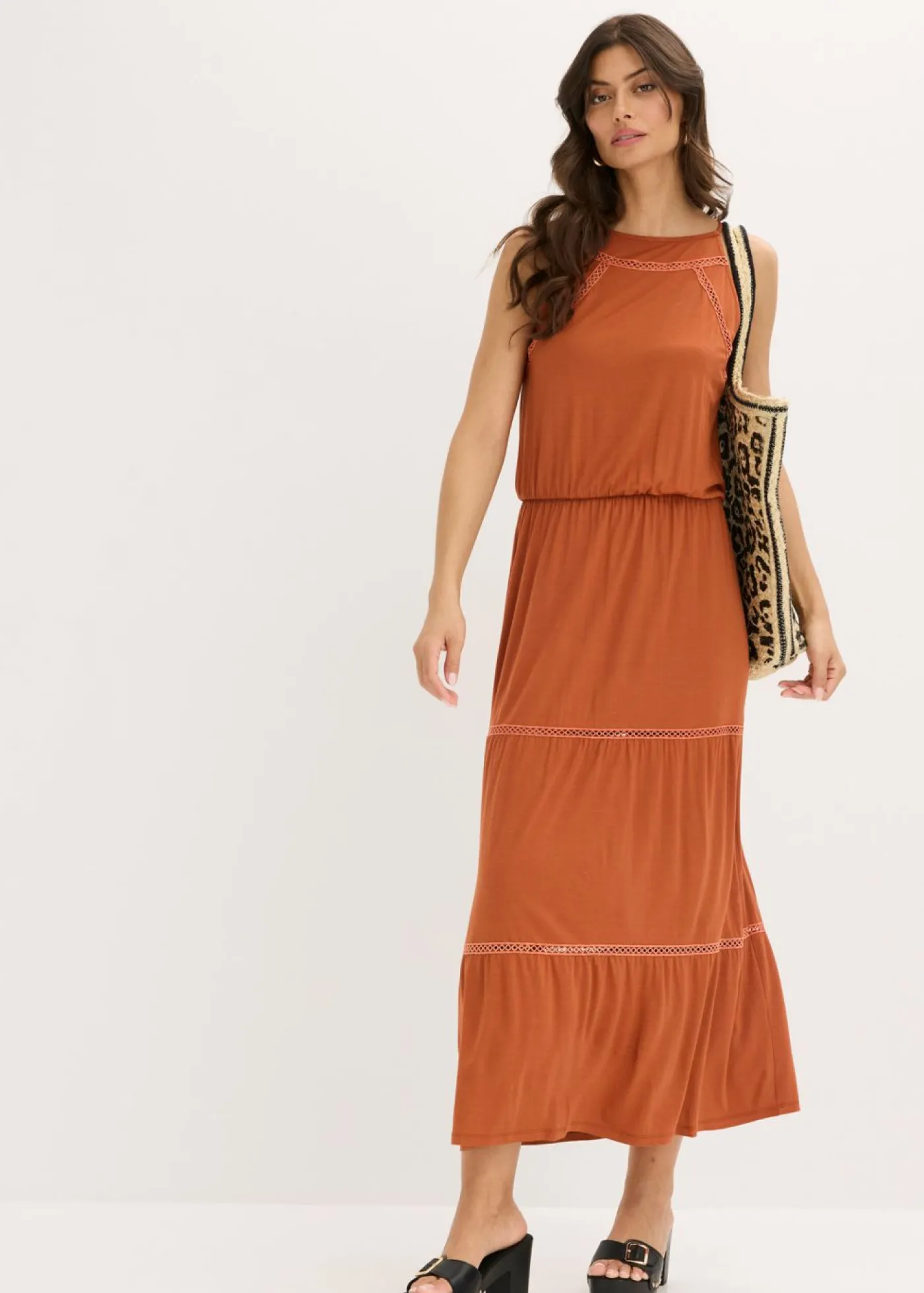 bonprix bonprix Vestido largo con insertos de ganchillo óxido Online