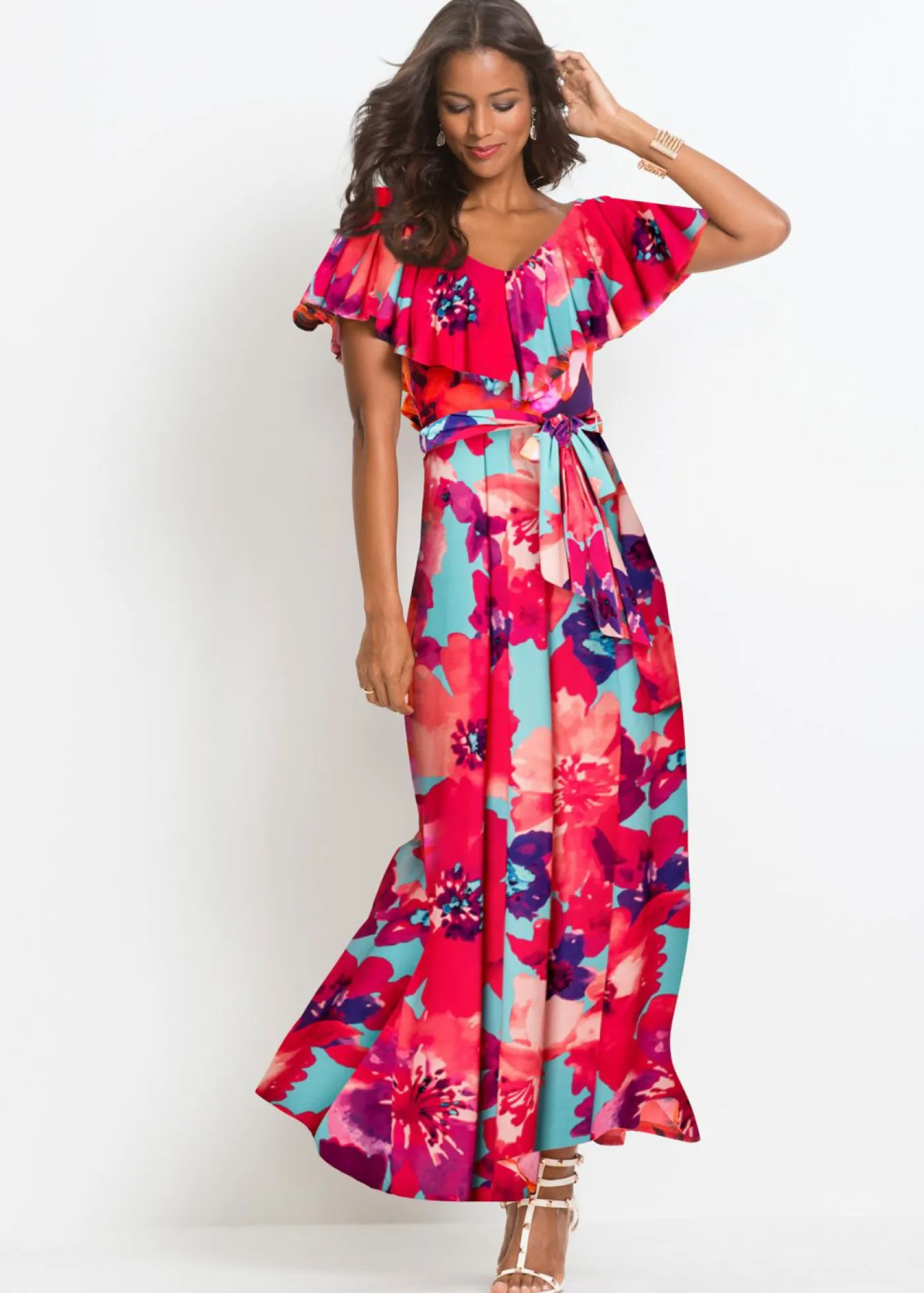 bonprix bonprix Vestido largo con volante y cinturón Turquesa-Rosa de flores