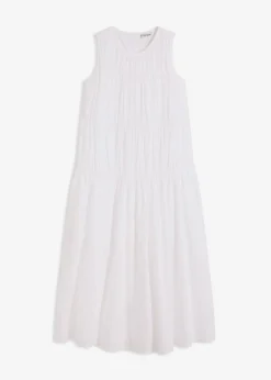 bonprix bonprix Vestido largo de algodón con fruncidos Blanco Online
