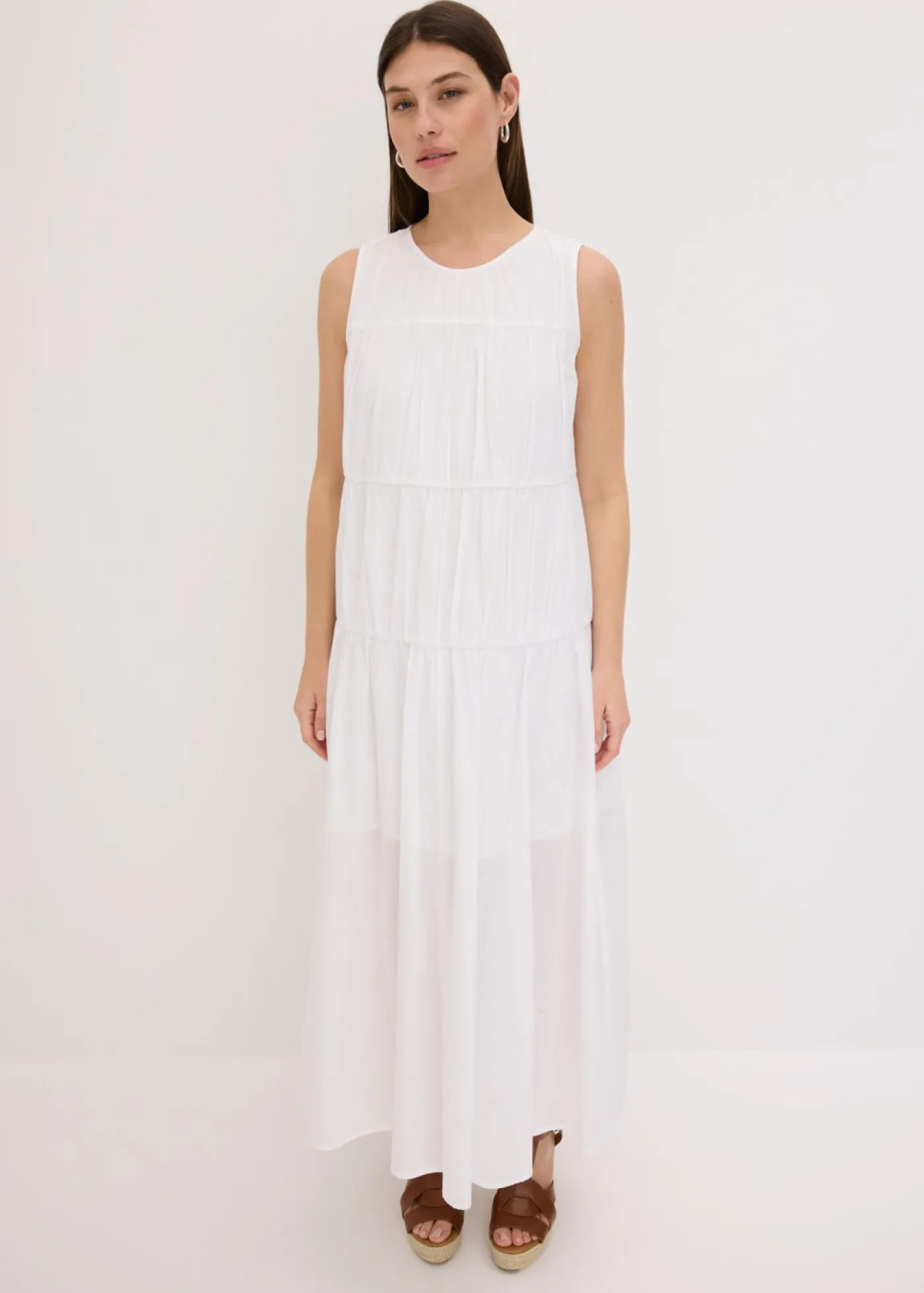 bonprix bonprix Vestido largo de algodón con fruncidos Blanco Online