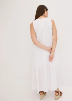 bonprix bonprix Vestido largo de algodón con fruncidos Blanco Online
