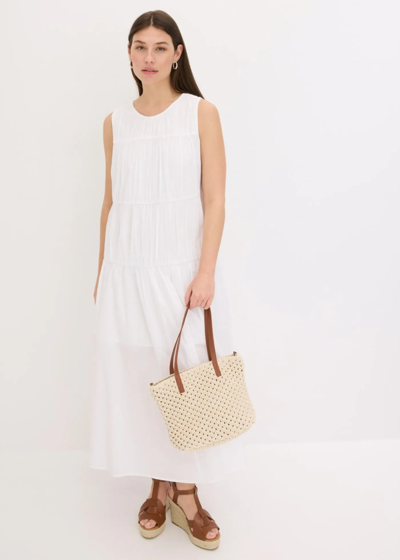 bonprix bonprix Vestido largo de algodón con fruncidos Blanco Online