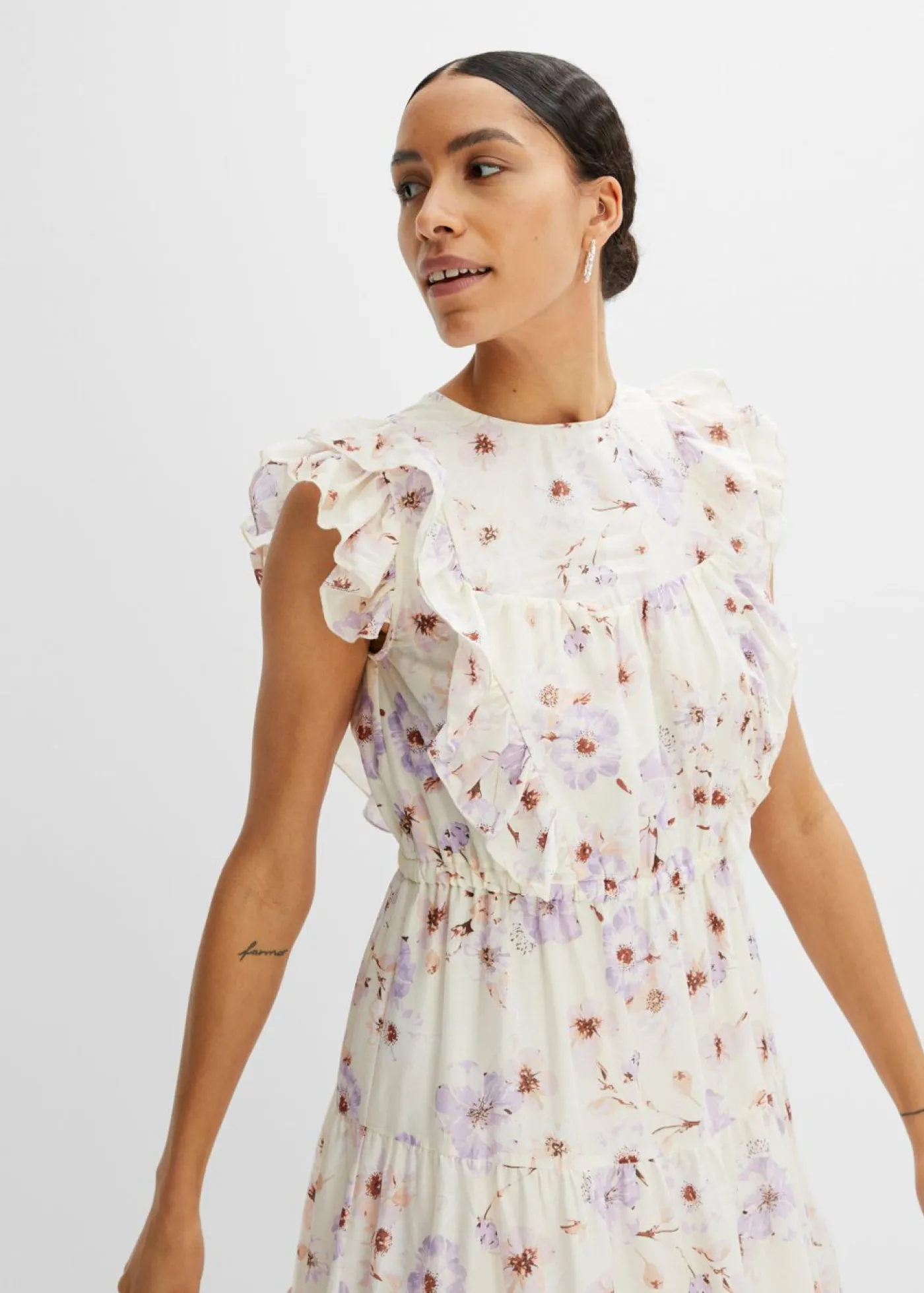bonprix bonprix Vestido largo de algodón puro beige natural/lila pastel con flores Hot