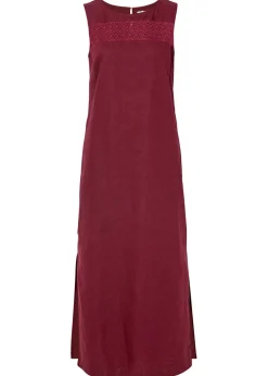 bonprix bonprix Vestido largo de lino con motivo perforado en el escote y abertura lateral mora oscuro Outlet