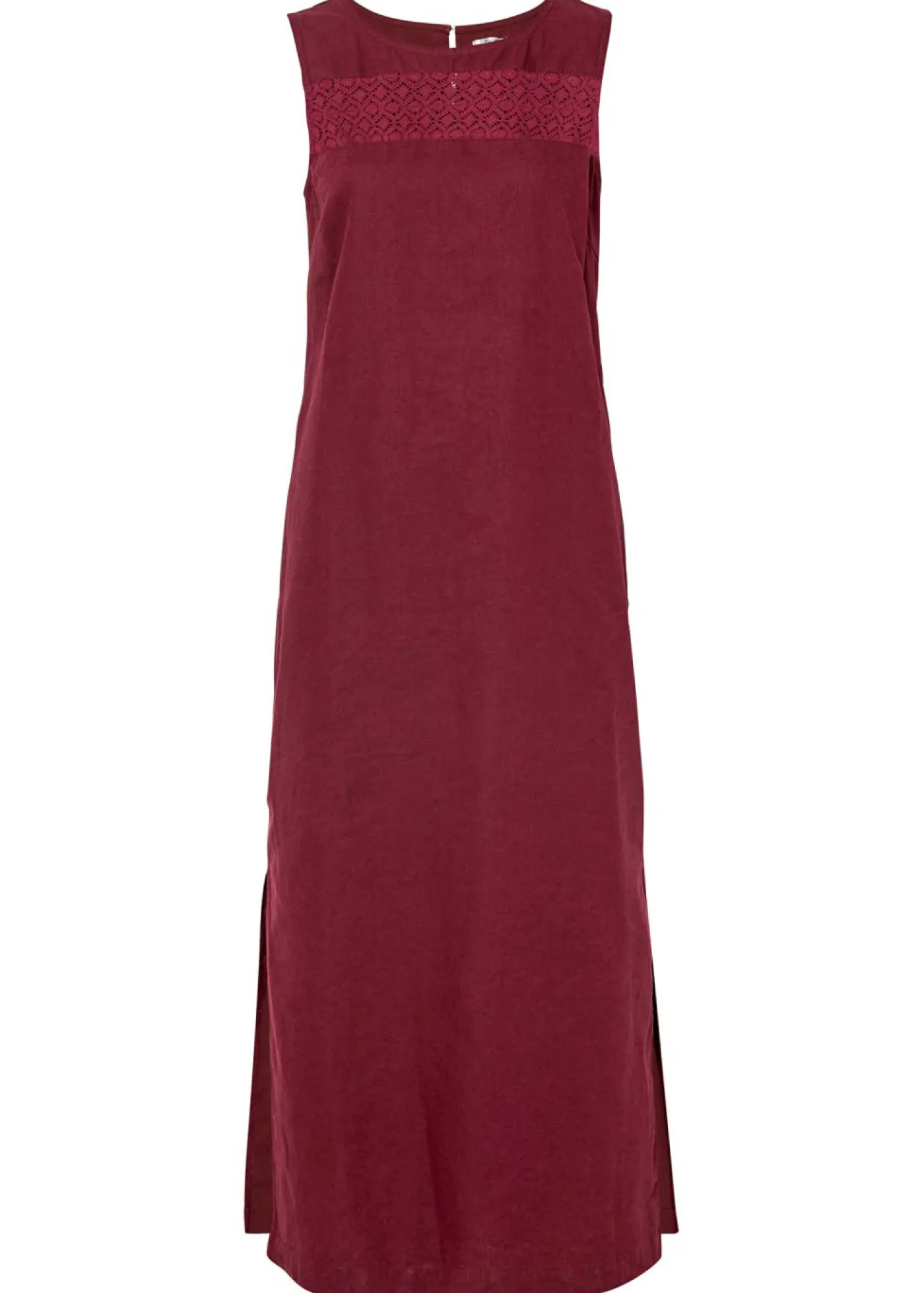 bonprix bonprix Vestido largo de lino con motivo perforado en el escote y abertura lateral mora oscuro Outlet