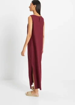 bonprix bonprix Vestido largo de lino con motivo perforado en el escote y abertura lateral mora oscuro Outlet