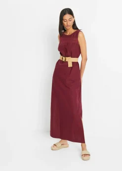 bonprix bonprix Vestido largo de lino con motivo perforado en el escote y abertura lateral mora oscuro Outlet