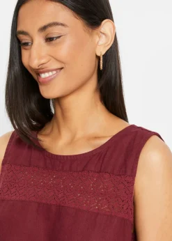 bonprix bonprix Vestido largo de lino con motivo perforado en el escote y abertura lateral mora oscuro Outlet