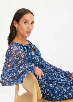 bonprix bonprix Vestido largo de malla negro-crema-azul con flores Online