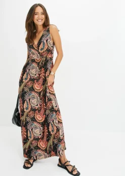 bonprix bonprix Vestido largo de mezcla de viscosa suave Negro/naranja Sale