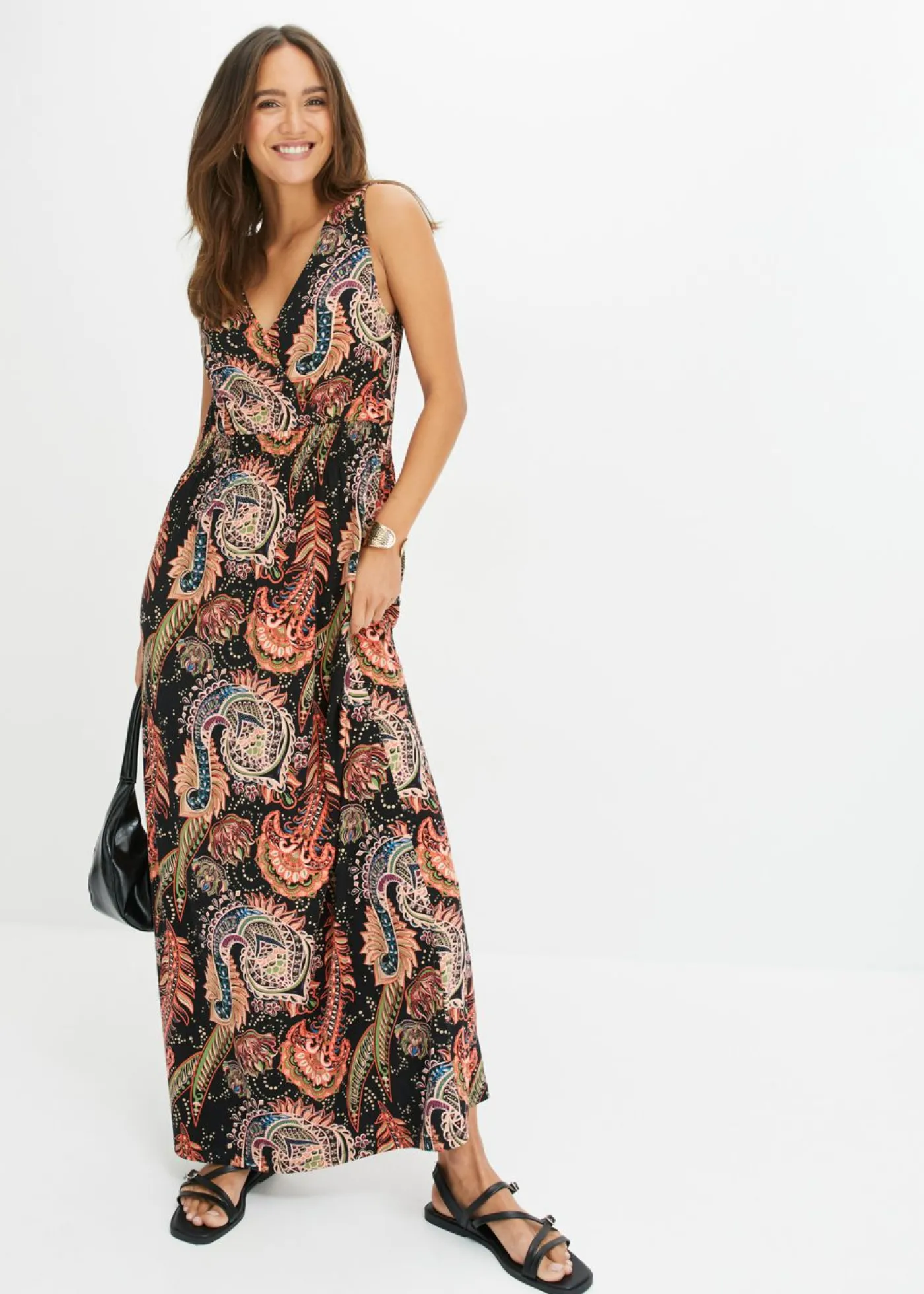 bonprix bonprix Vestido largo de mezcla de viscosa suave Negro/naranja Sale