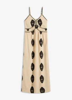 bonprix bonprix Vestido largo de mezcla de lino ligero arena/negro estampado Sale