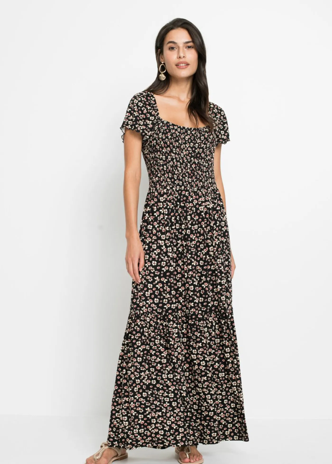 bonprix bonprix Vestido largo de mezcla de viscosa negro / crema suave con flores Outlet