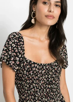 bonprix bonprix Vestido largo de mezcla de viscosa negro / crema suave con flores Outlet
