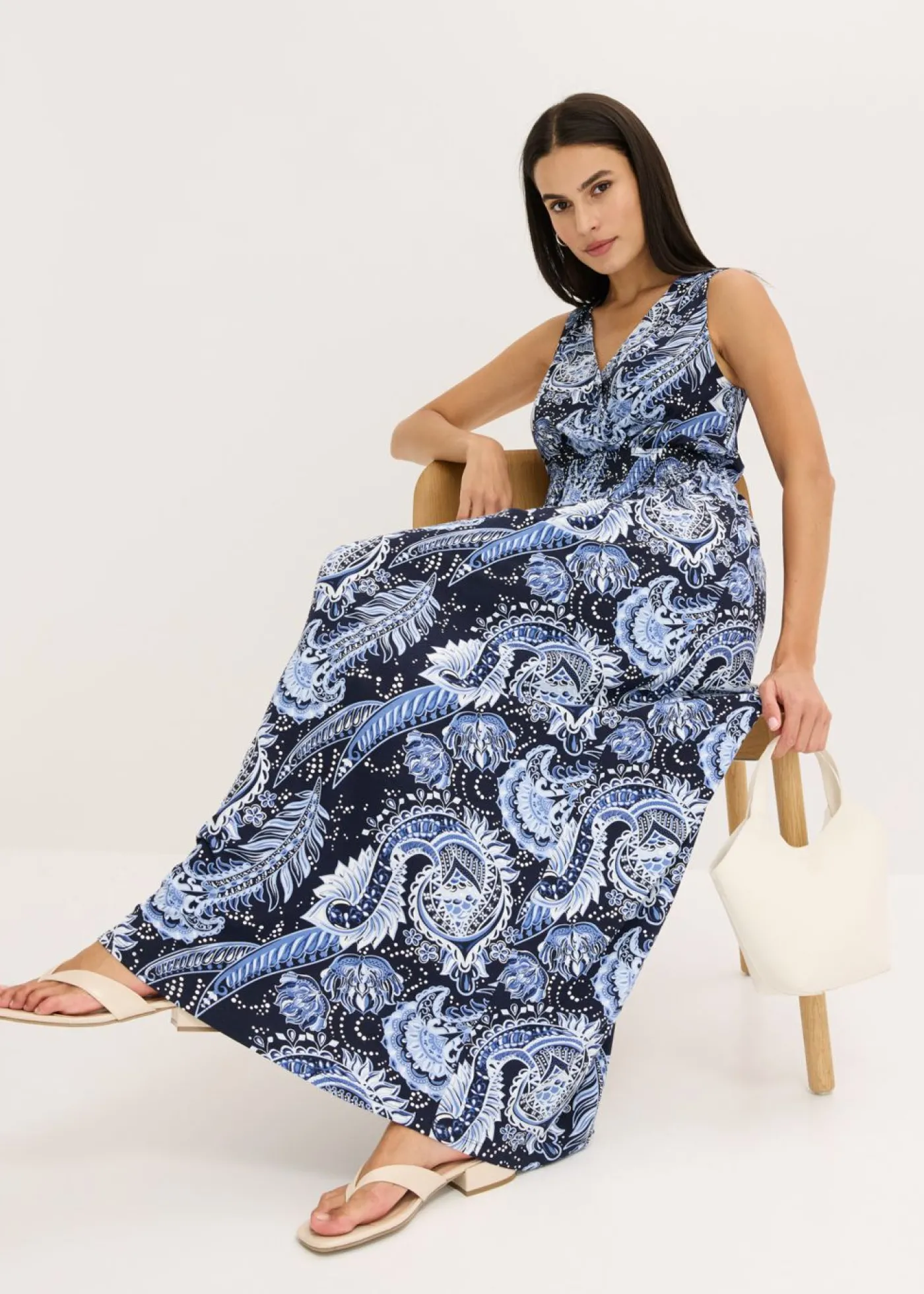 bonprix bonprix Vestido largo de mezcla de viscosa suave azul marino + azul pálido Sale