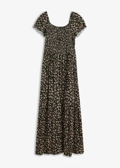 bonprix bonprix Vestido largo de mezcla de viscosa Negro-blanco lana de flores Hot