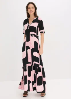 bonprix bonprix Vestido largo de mezcla de viscosa suave negro-rosa caliente Discount