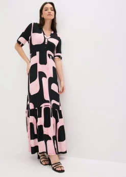 bonprix bonprix Vestido largo de mezcla de viscosa suave negro-rosa caliente Discount