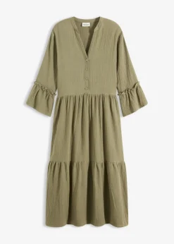bonprix bonprix Vestido largo de muselina suave Verde oliva Outlet