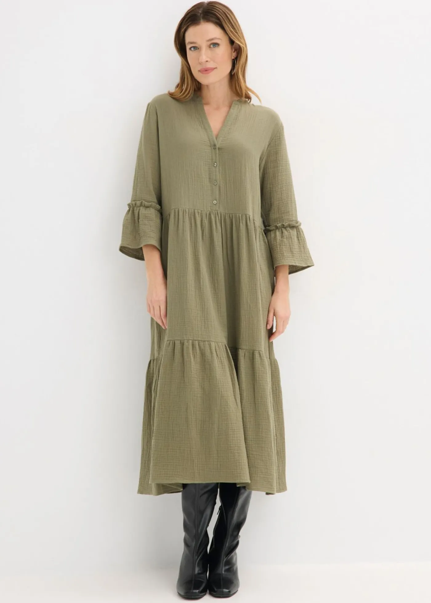 bonprix bonprix Vestido largo de muselina suave Verde oliva Outlet