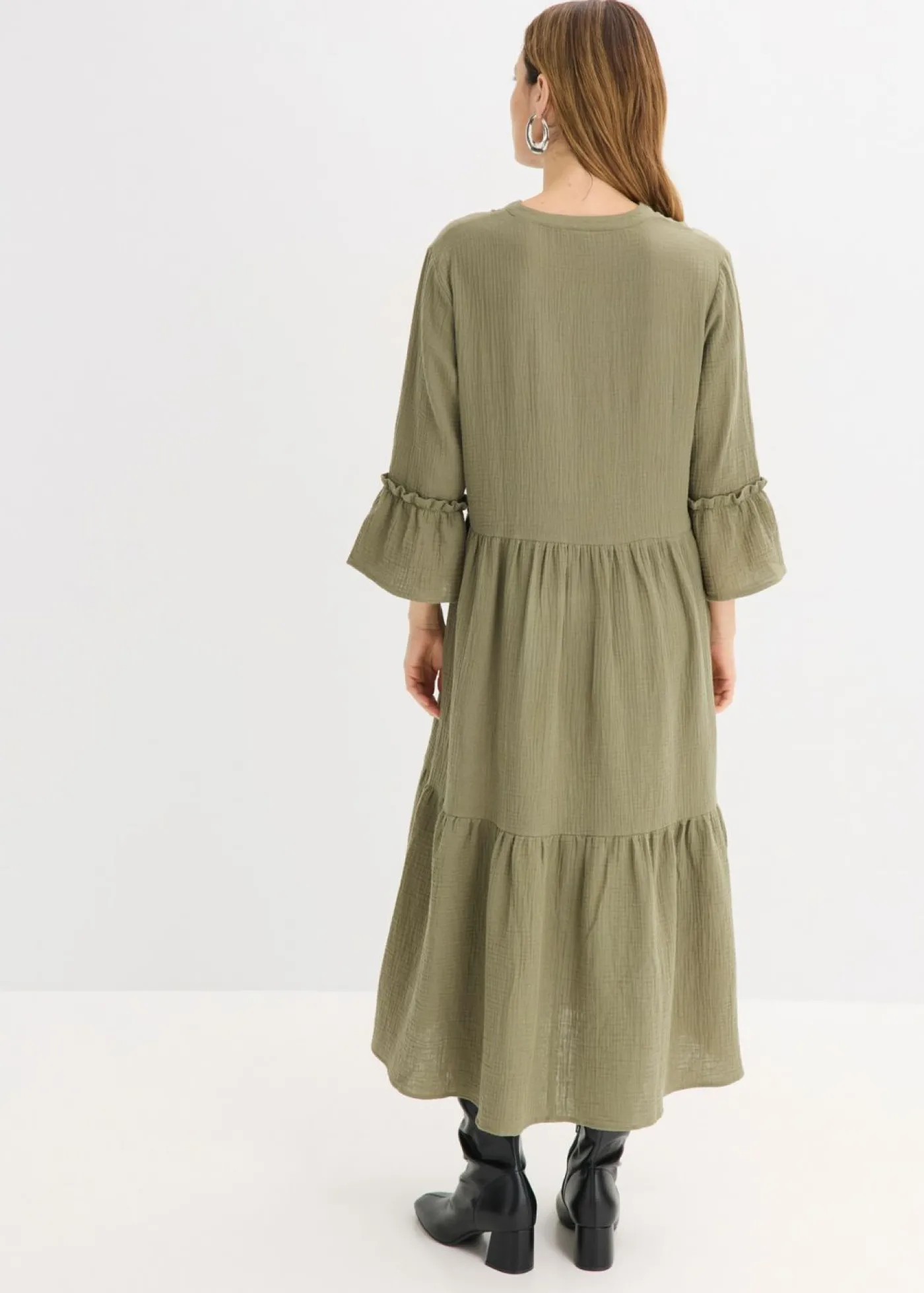 bonprix bonprix Vestido largo de muselina suave Verde oliva Outlet