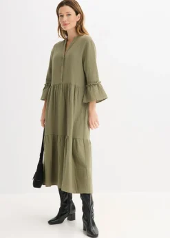 bonprix bonprix Vestido largo de muselina suave Verde oliva Outlet