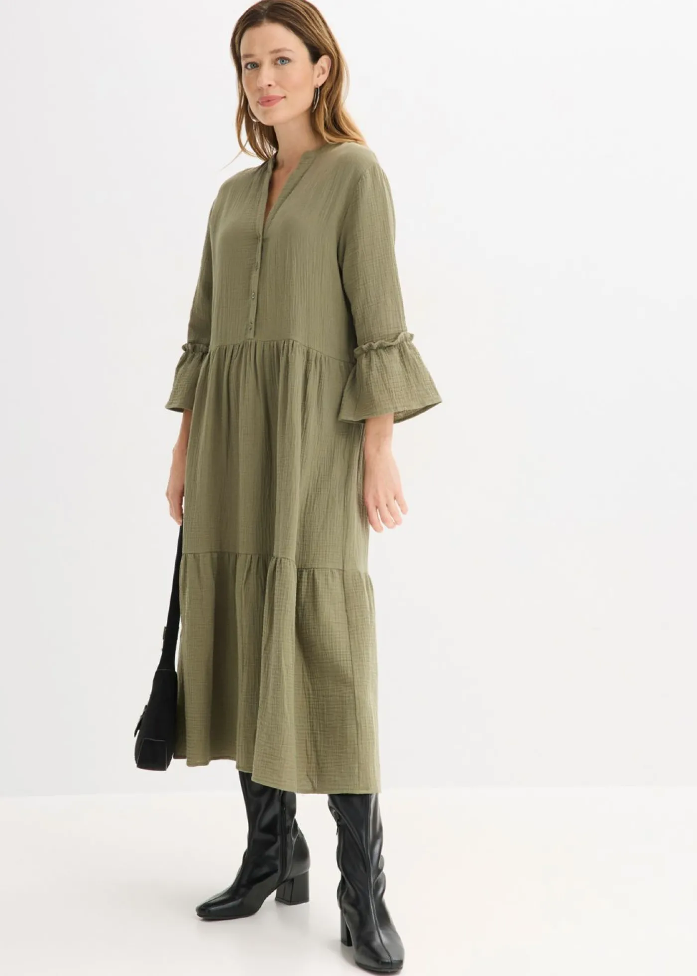 bonprix bonprix Vestido largo de muselina suave Verde oliva Outlet