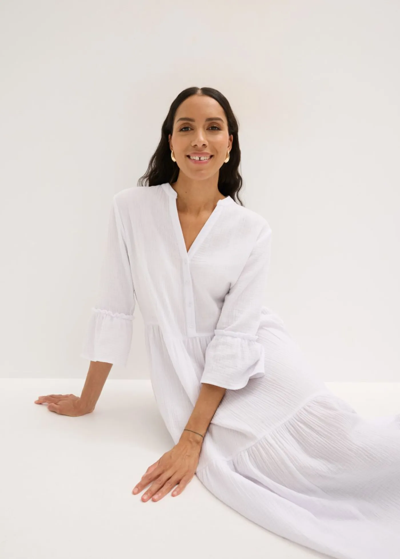 bonprix bonprix Vestido largo de muselina suave Blanco Online