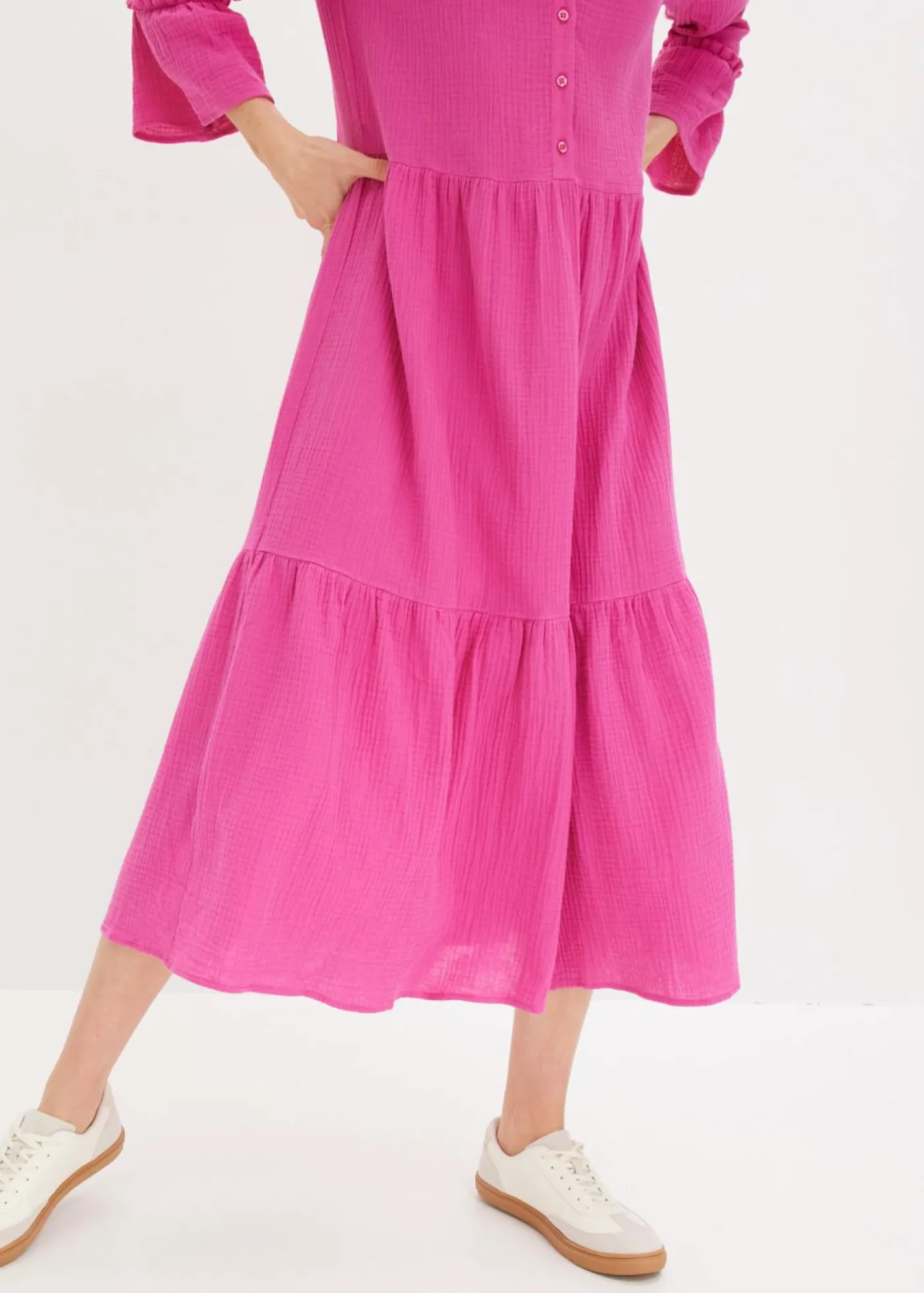 bonprix bonprix Vestido largo de muselina suave fucsia Online