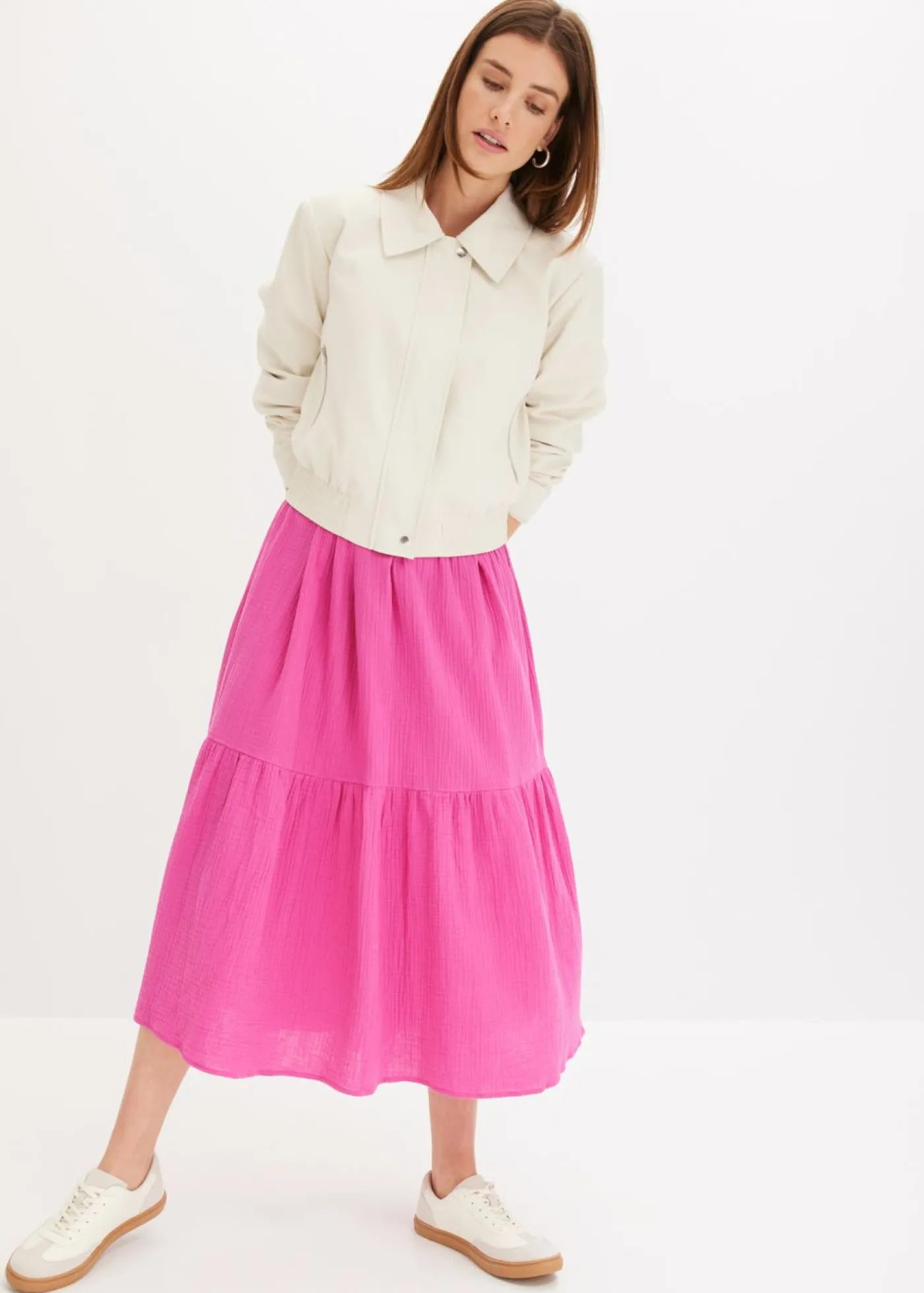 bonprix bonprix Vestido largo de muselina suave fucsia Online