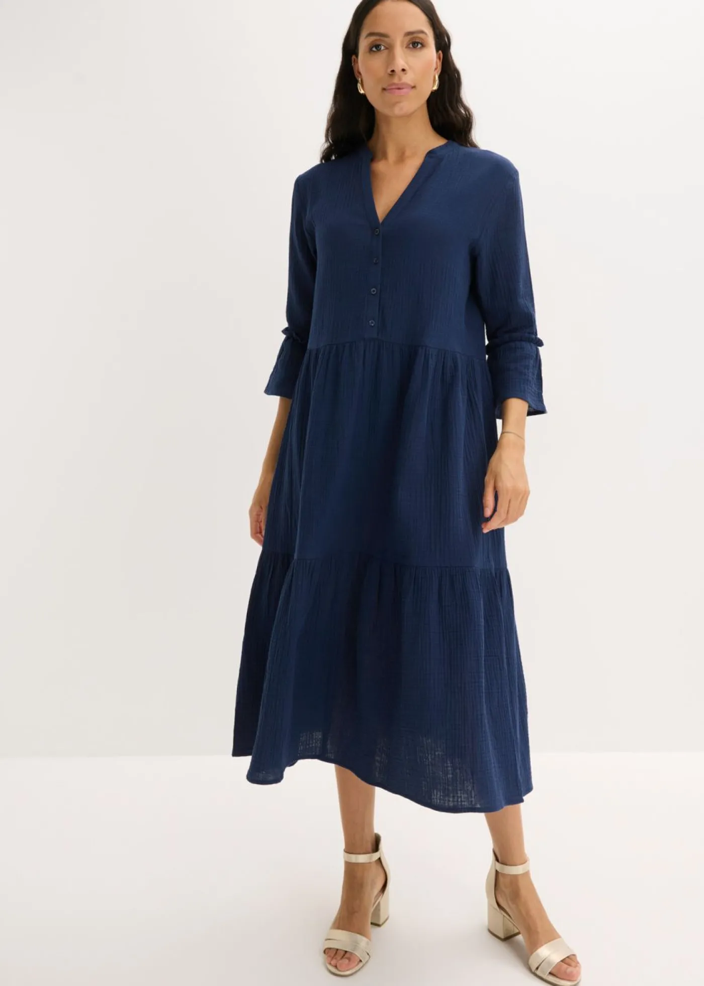 bonprix bonprix Vestido largo de muselina suave Azul marino New