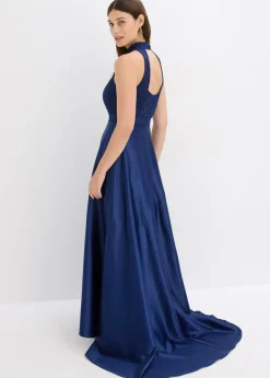 bonprix bonprix Vestido largo de satén brillante con encaje Azul oxford