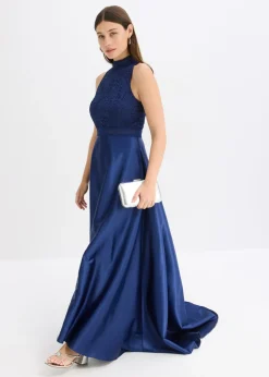 bonprix bonprix Vestido largo de satén brillante con encaje Azul oxford