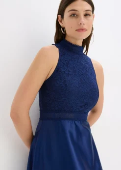bonprix bonprix Vestido largo de satén brillante con encaje Azul oxford