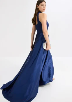 bonprix bonprix Vestido largo de satén brillante con encaje Azul oxford