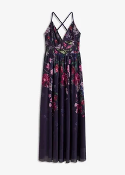 bonprix bonprix Vestido largo de tul delicado con tirantes azul marino con flores Online