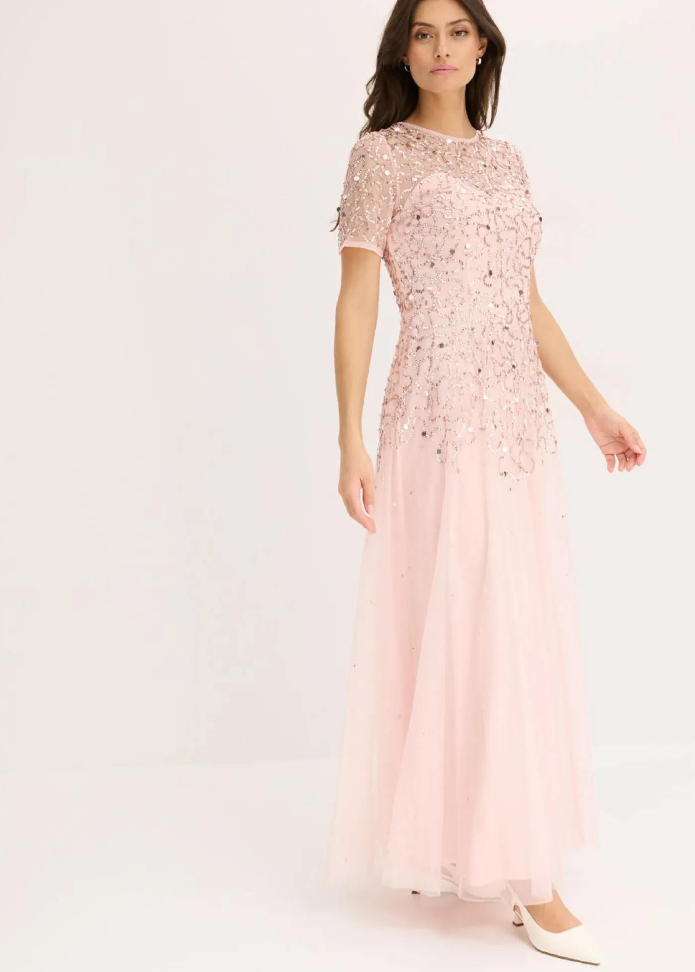 bonprix bonprix Vestido largo de tul delicado con bordado de lentejuelas Rosa perla Discount