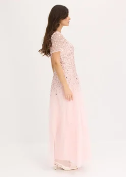 bonprix bonprix Vestido largo de tul delicado con bordado de lentejuelas Rosa perla Discount