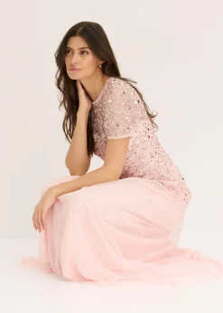 bonprix bonprix Vestido largo de tul delicado con bordado de lentejuelas Rosa perla Discount