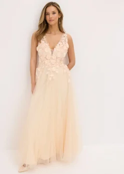 bonprix bonprix Vestido largo de tul delicado con aplicación de flores Champán Clearance
