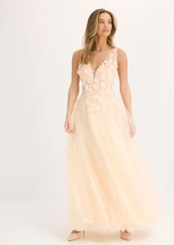 bonprix bonprix Vestido largo de tul delicado con aplicación de flores Champán Clearance